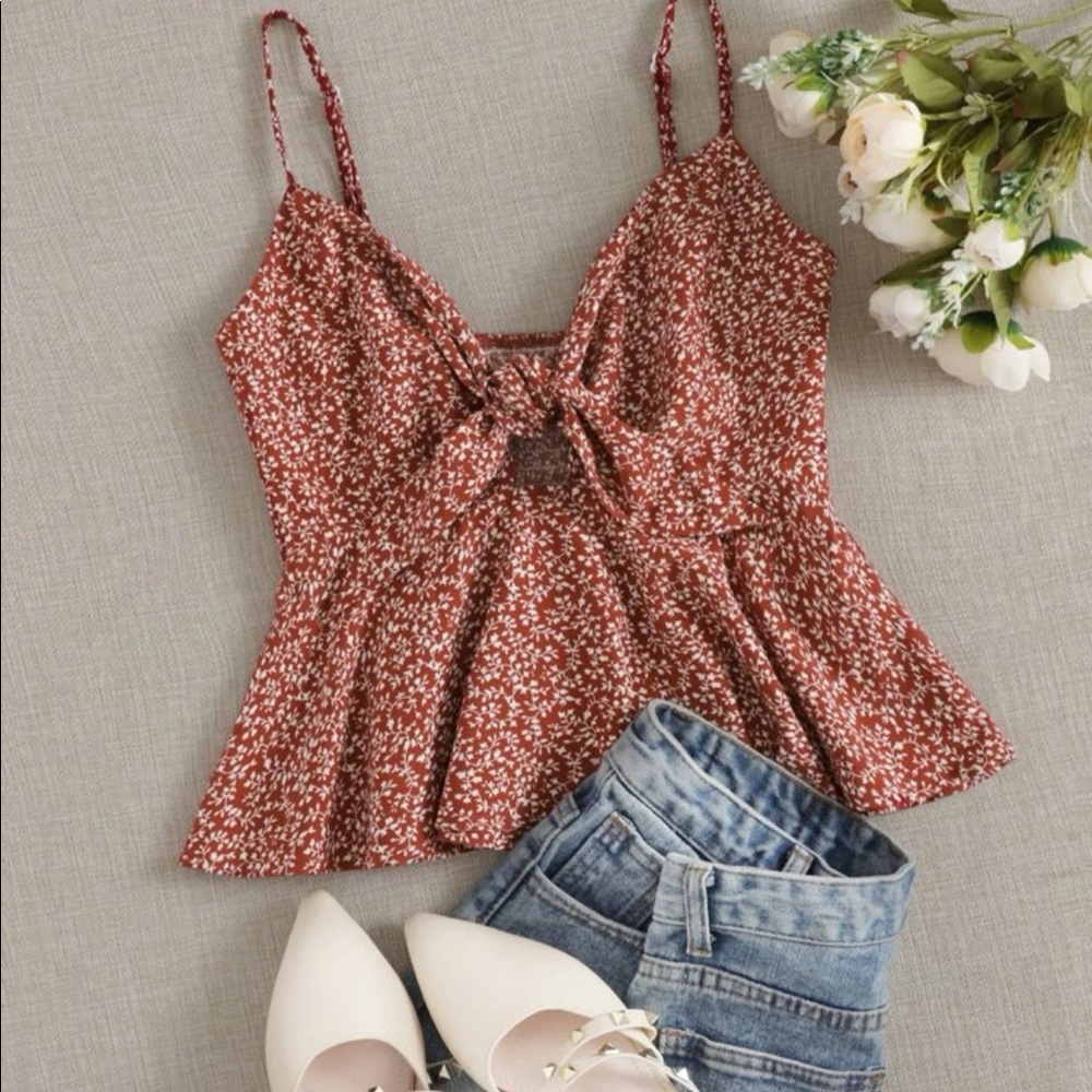 SHEIN Ditsy Floral Self-Tie Cami Peplum Top